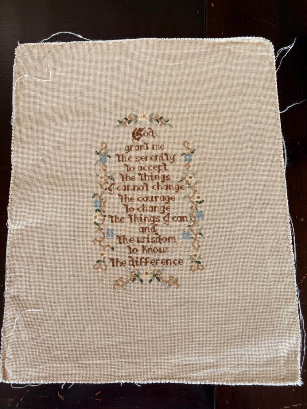 Handcrafted Serenity Prayer Cross-Stitch in Beige and Brown